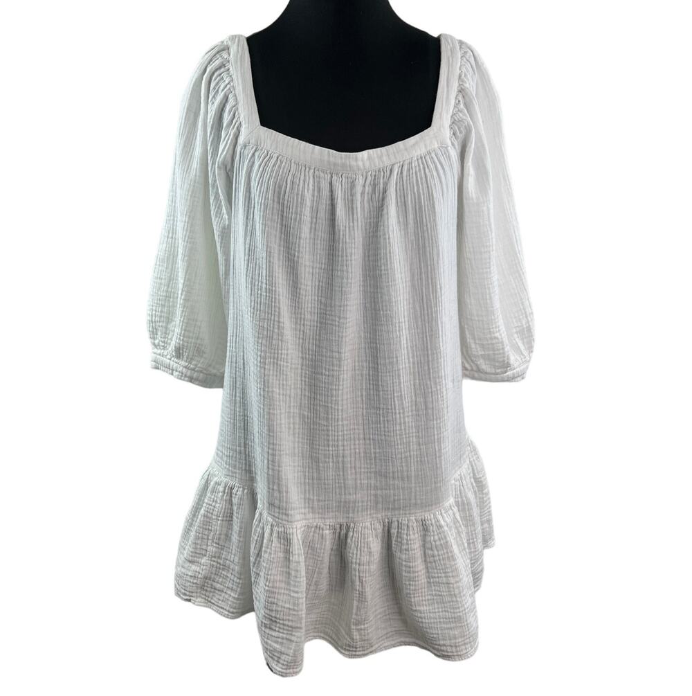 LOFT White Shift Dress Cotton Crinkle Square Neck 3/4 Sleeve Ruffle Hem M Medium